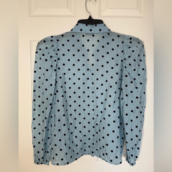 Stradivarius Light Blue Puff Sleeve Polka Dot Button Down Shirt- size S- EUC - Picture 6 of 10